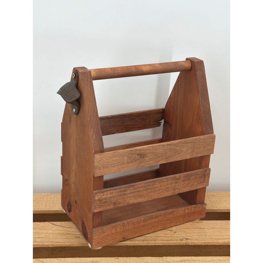 Rustic Wooden Beer Caddy 6 Pack Carrier with Cast Iron Bottle Opener Brown